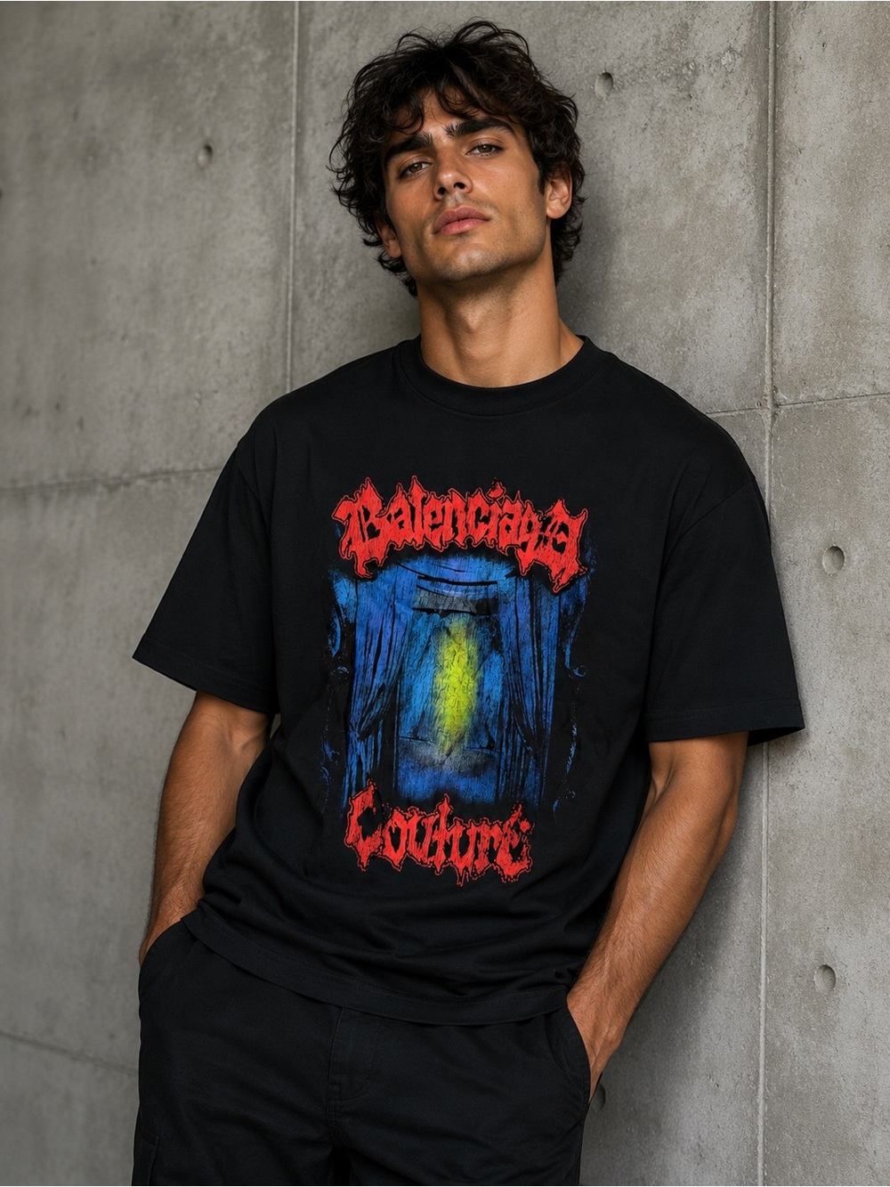 Balenciaga Black T-Shirt with Red and Blue Graphic